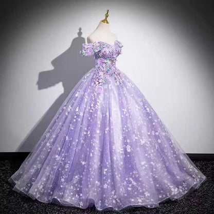 Purple Tulle Lace Sweetheart Party Ball Dress Long Prom Dress