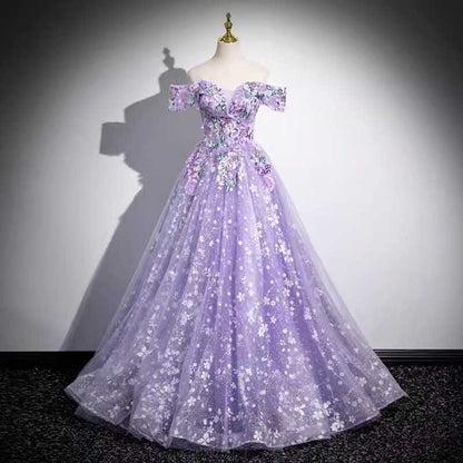 Purple Tulle Lace Sweetheart Party Ball Dress Long Prom Dress