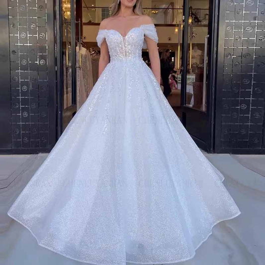 Floor Length Off Shoulder Tulle Wedding Dress For Bridal