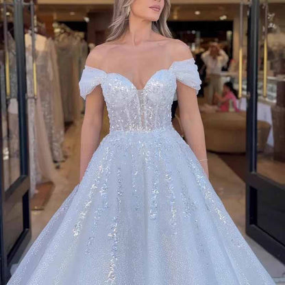 Floor Length Off Shoulder Tulle Wedding Dress For Bridal
