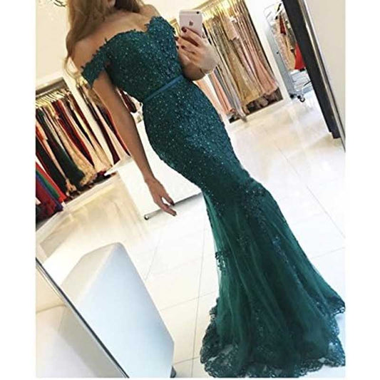 Off The Shoulder Lace Appliques Evening Dresses Mermaid Prom Gown