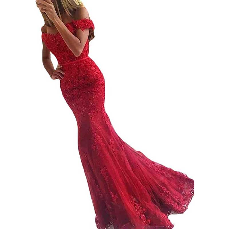 Off The Shoulder Lace Appliques Evening Dresses Mermaid Prom Gown