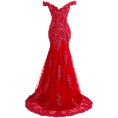 Off The Shoulder Lace Appliques Evening Dresses Mermaid Prom Gown