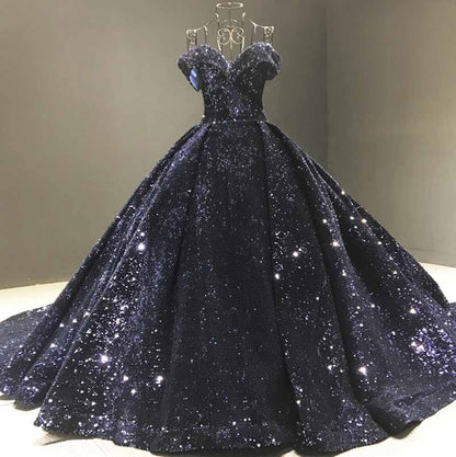 Off The Shoulder Sparkly Sequined Ball Gowns