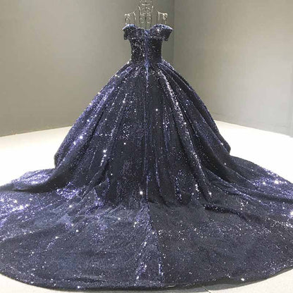 Off The Shoulder Sparkly Sequined Ball Gowns