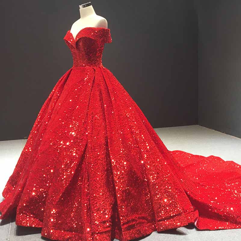 Off The Shoulder Sparkly Sequined Ball Gowns