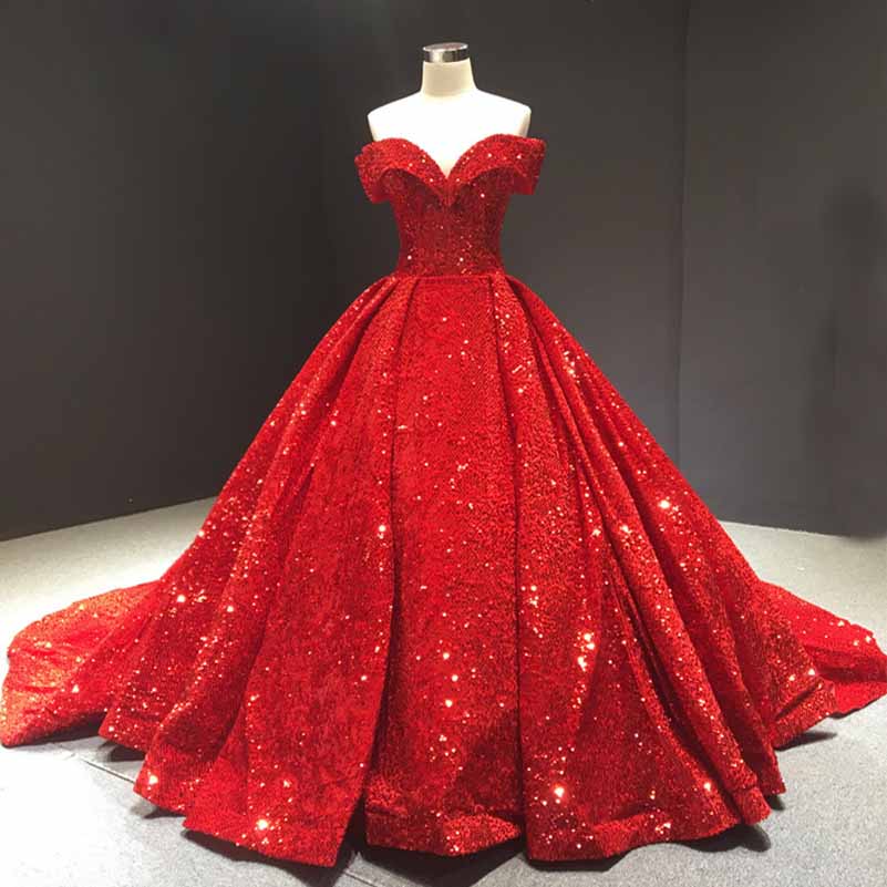 Off The Shoulder Sparkly Sequined Ball Gowns