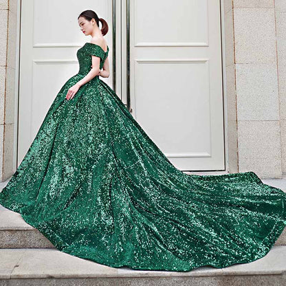 Off The Shoulder Sparkly Sequined Ball Gowns