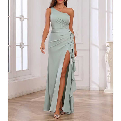 Single Shoulder Satin  Bridesmaid Dress High Split Long Evening Dresses