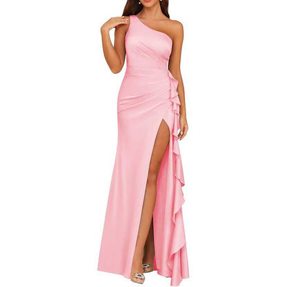 Single Shoulder Satin  Bridesmaid Dress High Split Long Evening Dresses