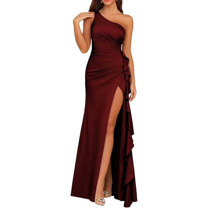 Single Shoulder Satin  Bridesmaid Dress High Split Long Evening Dresses