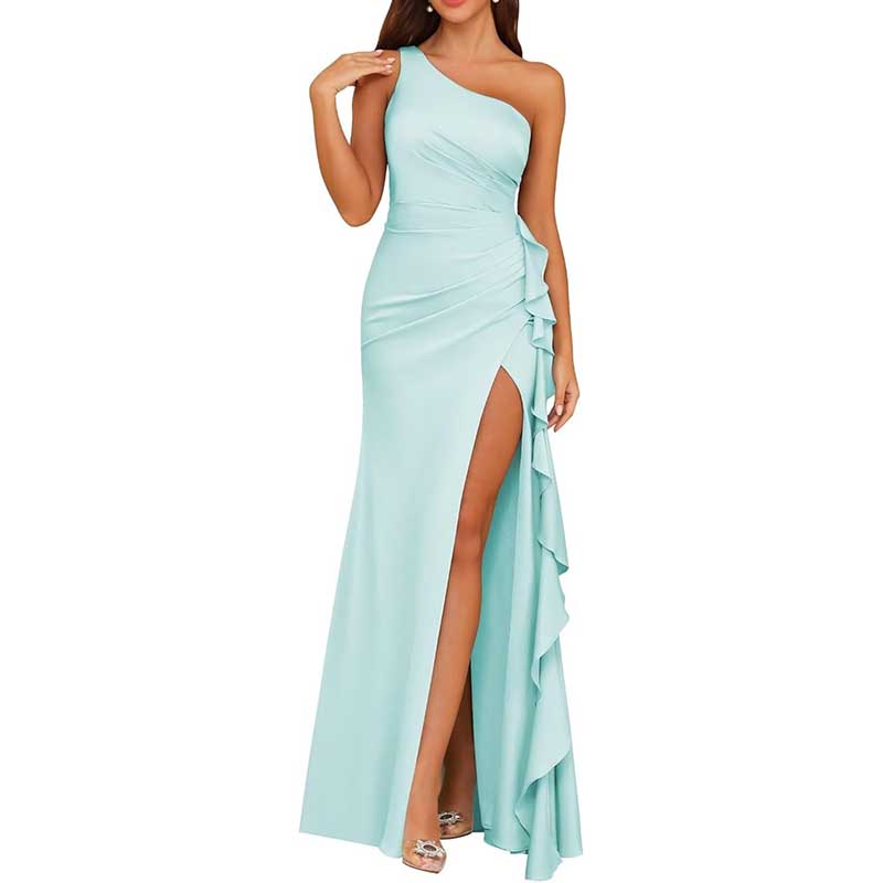 Single Shoulder Satin  Bridesmaid Dress High Split Long Evening Dresses