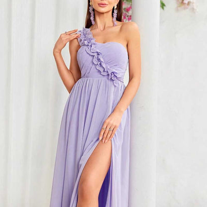 One Shoulder High Split Bridesmaid Dress Lavender Event Dress