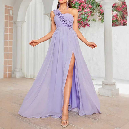 One Shoulder High Split Bridesmaid Dress Lavender Event Dress