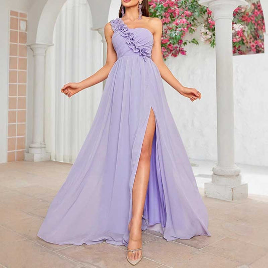 One Shoulder High Split Bridesmaid Dress Lavender Event Dress