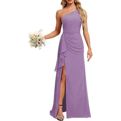 One Shoulder Long Bridesmaid Dresses High Split Prom Dresses