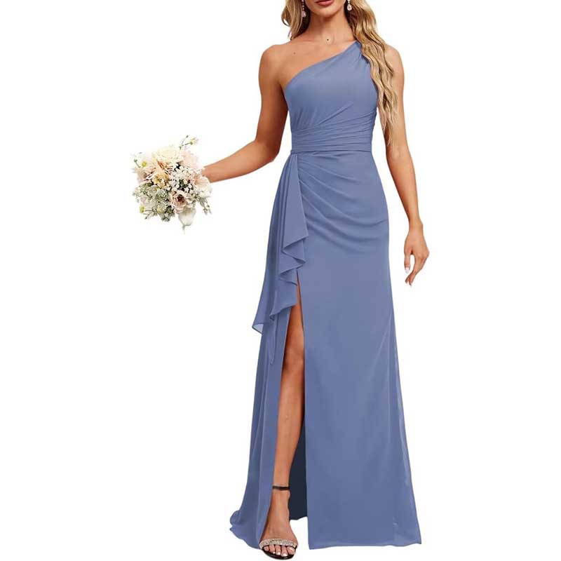 One Shoulder Long Bridesmaid Dresses High Split Prom Dresses