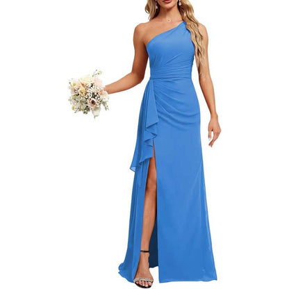 One Shoulder Long Bridesmaid Dresses High Split Prom Dresses