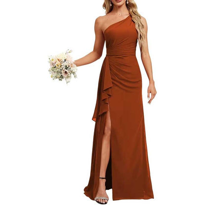 One Shoulder Long Bridesmaid Dresses High Split Prom Dresses