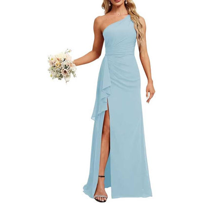One Shoulder Long Bridesmaid Dresses High Split Prom Dresses