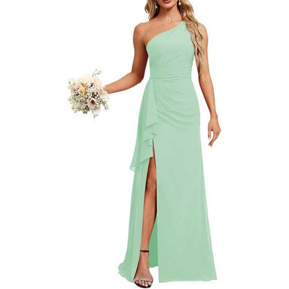 One Shoulder Long Bridesmaid Dresses High Split Prom Dresses