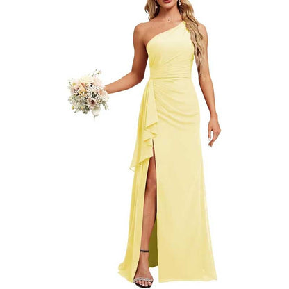 One Shoulder Long Bridesmaid Dresses High Split Prom Dresses
