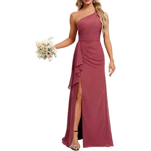 One Shoulder Long Bridesmaid Dresses High Split Prom Dresses