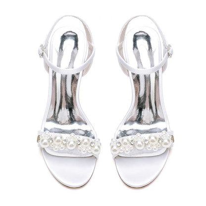 3.74" Open Toe Dress Shoes Pearls Wedding Shoes Ankle Strap Sandals