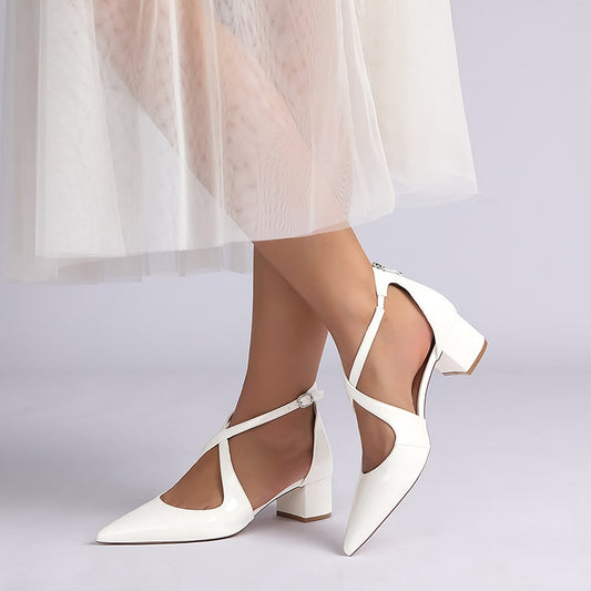 Patent Leahter Dress Shoes Chunky Heel Bridal Heels Crossing Straps Shoes