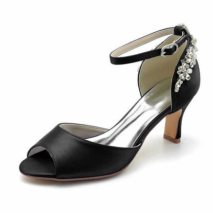 2.56" Peep Satin Prom Shoes Ankle Strap Wedding Shoes With Rhinestone