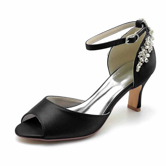 2.56" Peep Satin Prom Shoes Ankle Strap Wedding Shoes With Rhinestone
