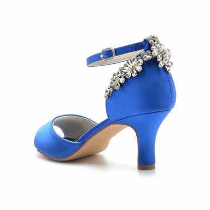 2.56" Peep Satin Prom Shoes Ankle Strap Wedding Shoes With Rhinestone