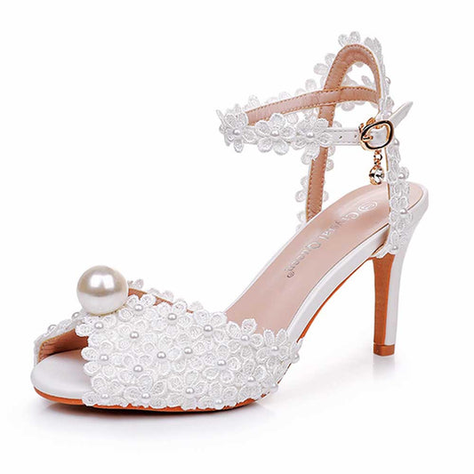 Peep Toe Wedding Shoes Pearls Flower Appliqued Bridal Sandals Prom Shoes