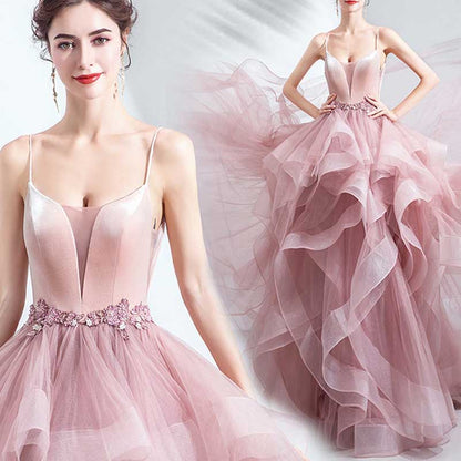 Pink Ruffled Gown With Train Straps Bride Wedding Prom Dress