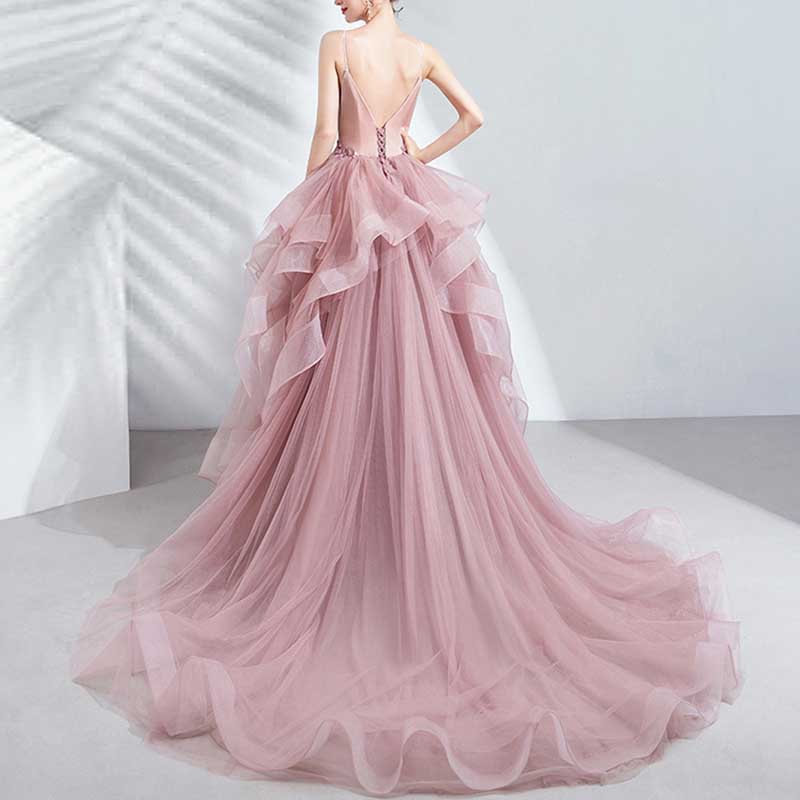 Pink Ruffled Gown With Train Straps Bride Wedding Prom Dress