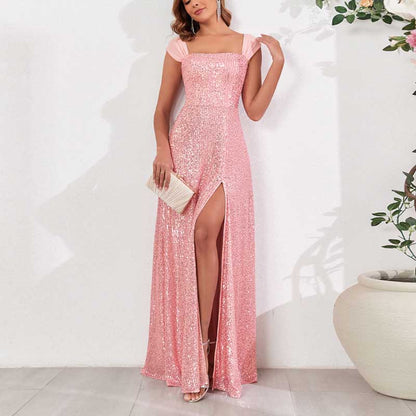 Pink Wedding Guest Dress Sequin Dress With High Split Long Prom Dress