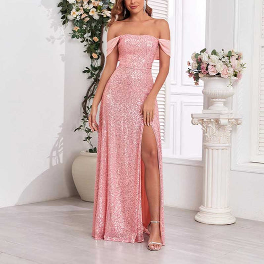 Pink Wedding Guest Dress Sequin Dress With High Split Long Prom Dress