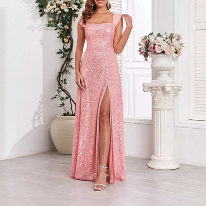 Pink Wedding Guest Dress Sequin Dress With High Split Long Prom Dress