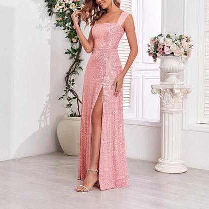 Pink Wedding Guest Dress Sequin Dress With High Split Long Prom Dress