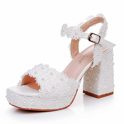 Platform Wedding Shoes Flower Appliqued Block Bridal Shoes