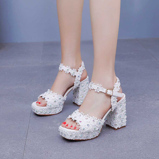 Platform Wedding Shoes Flower Appliqued Block Bridal Shoes