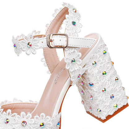Platform Wedding Shoes Flower Appliqued Block Bridal Shoes