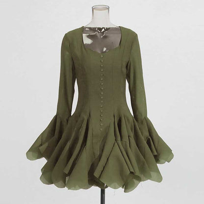 Pleated Square-Neck Ruffles Mini Dress Lotus Sleeves Event Dress