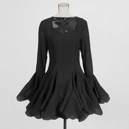 Pleated Square-Neck Ruffles Mini Dress Lotus Sleeves Event Dress