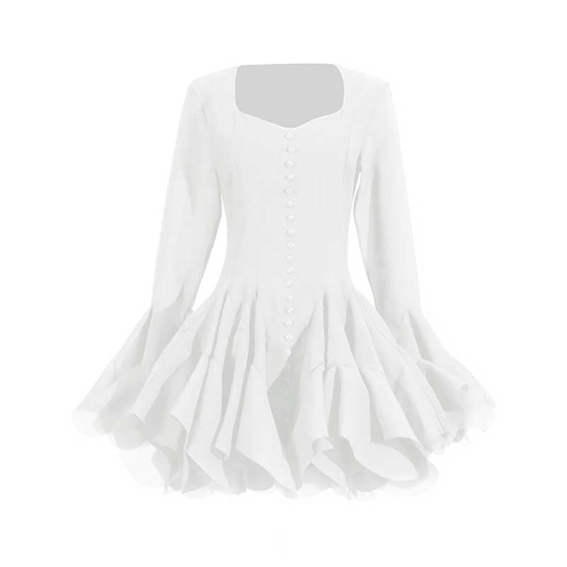 Pleated Square-Neck Ruffles Mini Dress Lotus Sleeves Event Dress