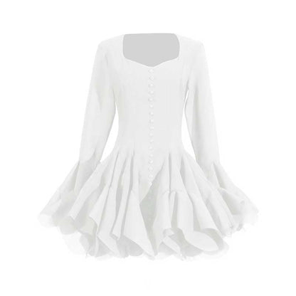 Pleated Square-Neck Ruffles Mini Dress Lotus Sleeves Event Dress