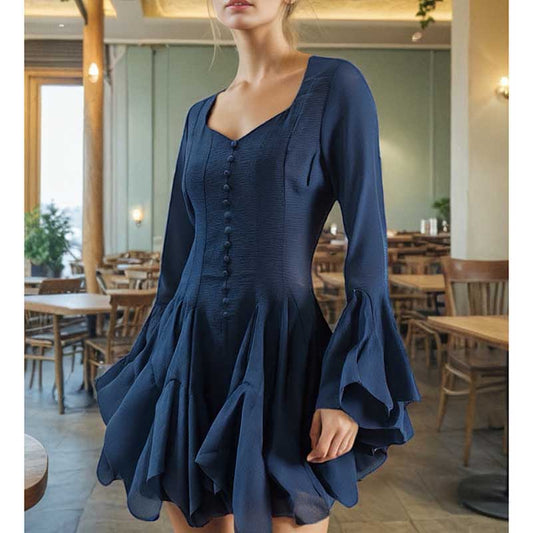 Pleated Square-Neck Ruffles Mini Dress Lotus Sleeves Event Dress