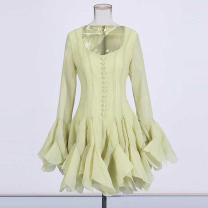 Pleated Square-Neck Ruffles Mini Dress Lotus Sleeves Event Dress