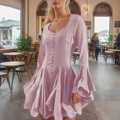 Pleated Square-Neck Ruffles Mini Dress Lotus Sleeves Event Dress