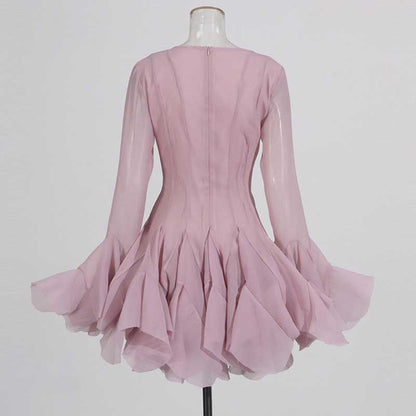 Pleated Square-Neck Ruffles Mini Dress Lotus Sleeves Event Dress